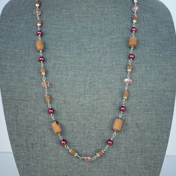 32" natural Tulasi with dark pink pearls (Gemstone for the Moon) and pink glass - Picture 1 of 5